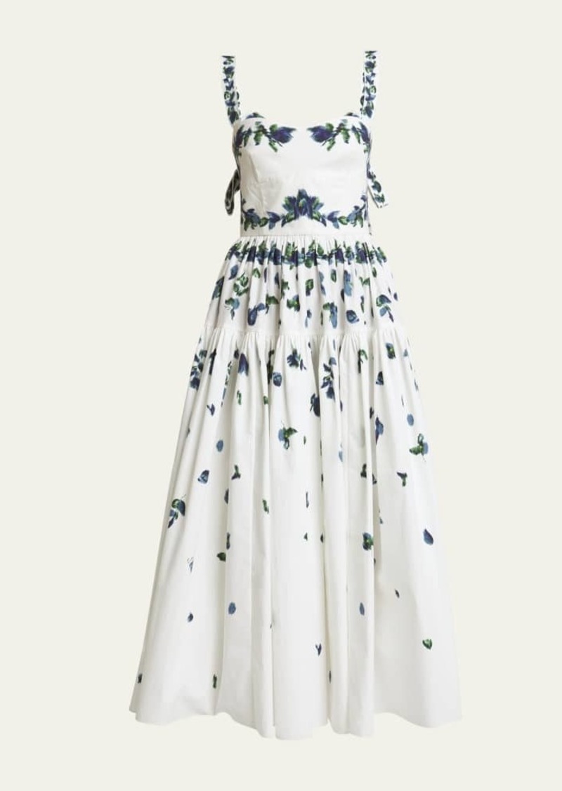 Erdem Bow-Strap Tiered Fit & Flare Midi Dress