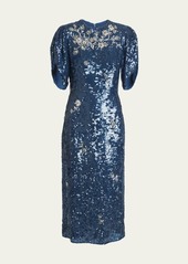 Erdem Crystal Embroidered Short-Sleeve Sequin Midi Dress
