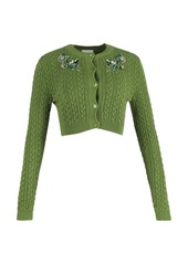 Erdem Embellished Cable Knit Cropped Cardigan in Green Cotton