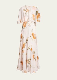 Erdem Floral Floor-Length Gown with Cape Overlay