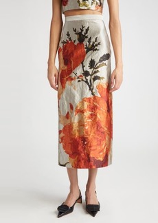 Erdem Floral Metallic Textured Satin Midi Skirt