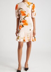 Erdem Floral Print Asymmetric Ruffle Silk Minidress