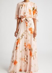 Erdem Floral Print Cape Sleeve Silk Chiffon Gown