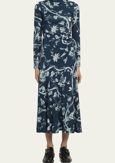 Erdem Floral-Print Long-Sleeve Drawstring Ruched Midi Dress
