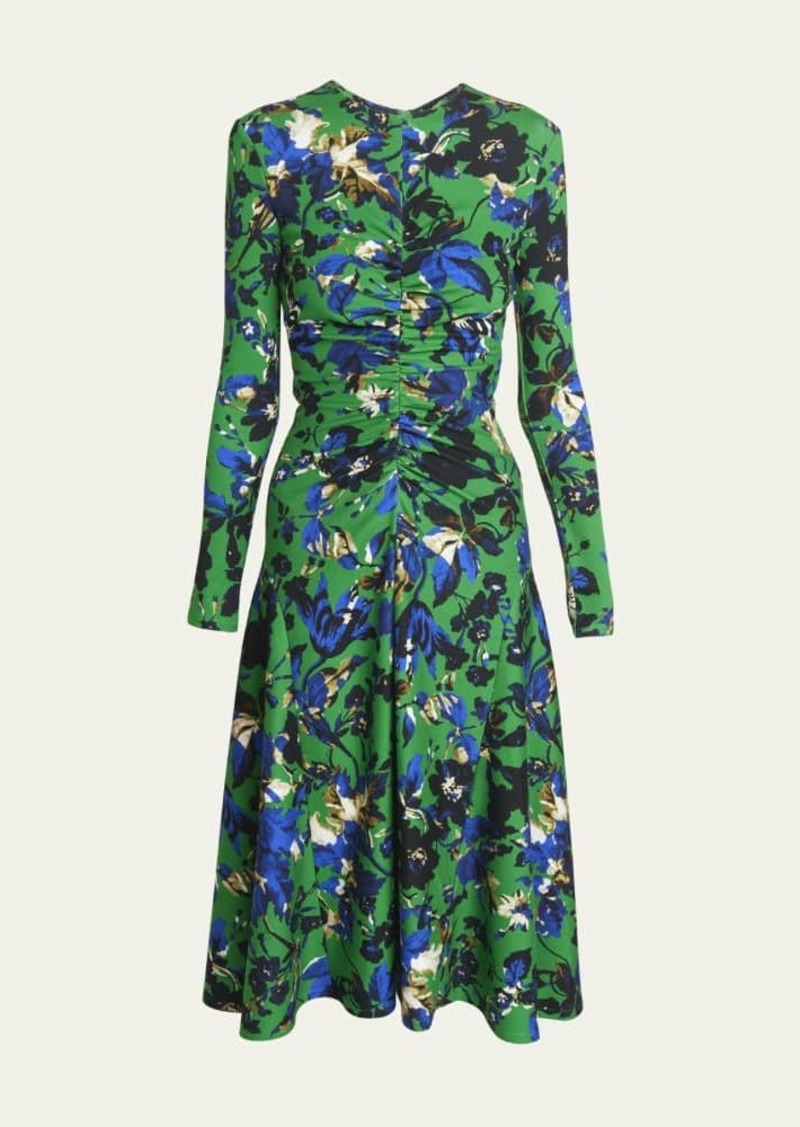 Erdem Floral-Print Long-Sleeve Gathered Midi Dress