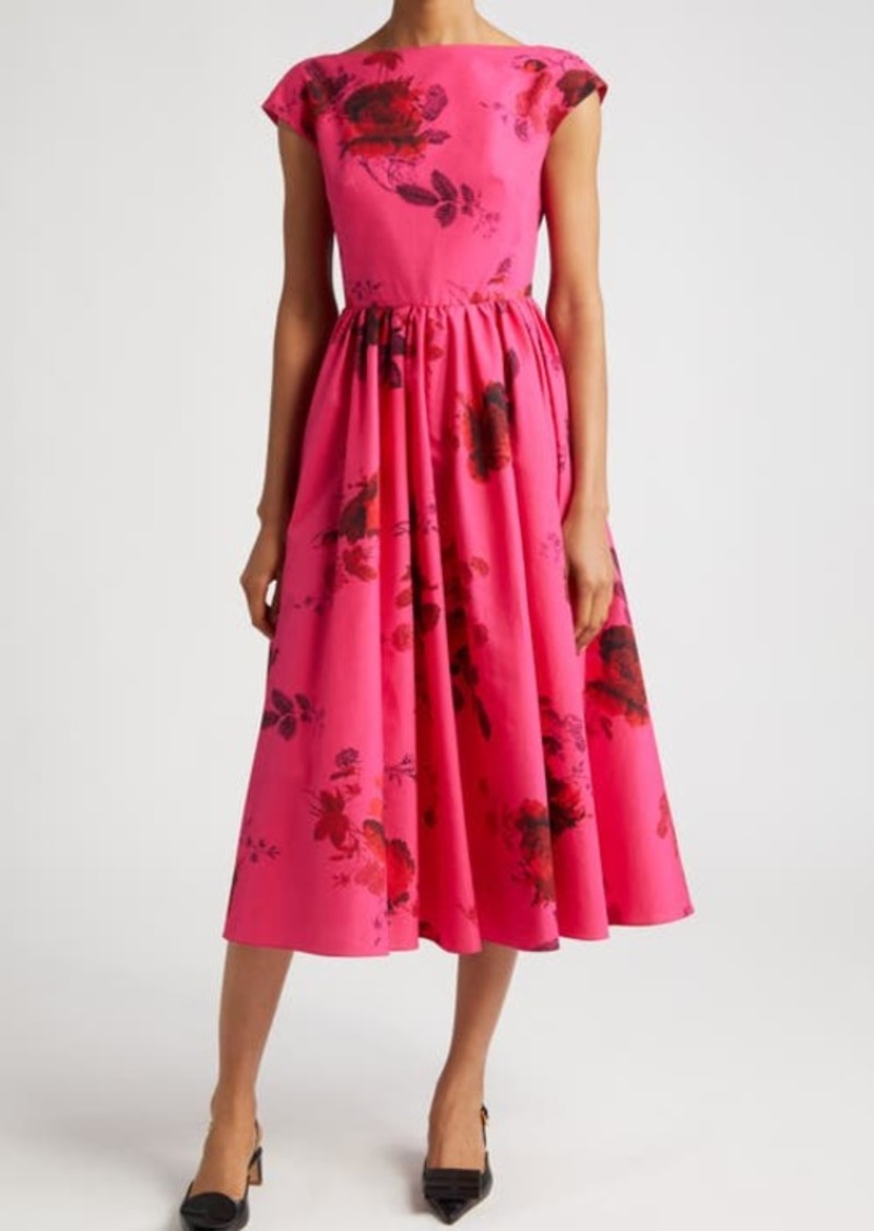 Erdem Floral Print Pleated Cotton Faille A-Line Midi Dress