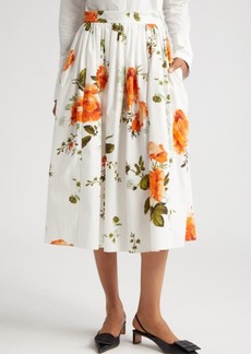 Erdem Floral Print Pleated Cotton Poplin A-Line Midi Skirt