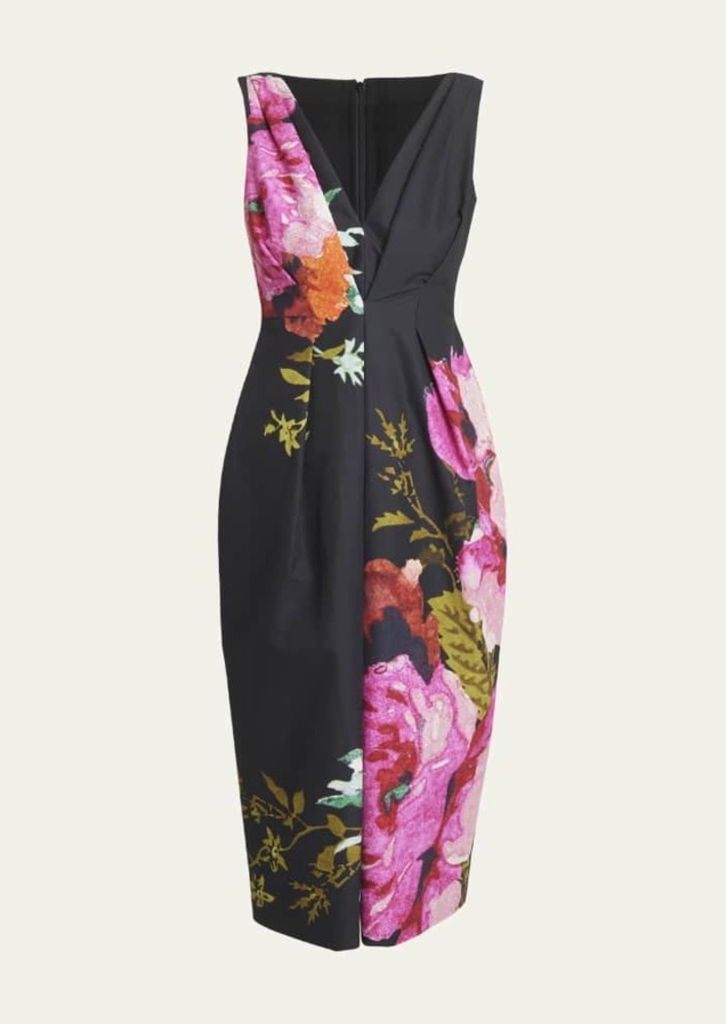 Erdem Floral-Print Pleated V-Neck Sleeveless Midi Dress