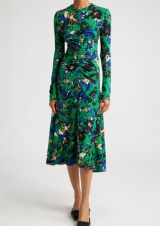 Erdem Floral Print Ruched Long Sleeve Midi Dress