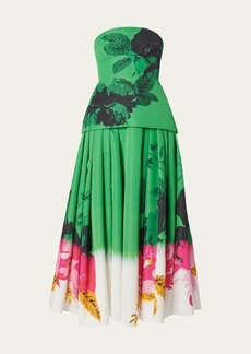 Erdem Floral-Print Strapless Corset Full-Skirt Midi Cocktail Dress