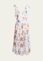 Erdem Floral-Print Tiered Belted Midi Dress with Self-Tie Shoulders