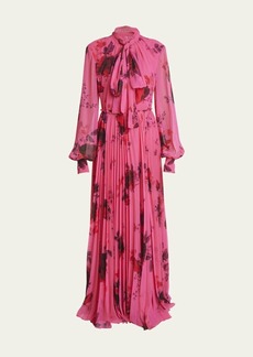 Erdem Floral Scarf-Neck Pleated Gown