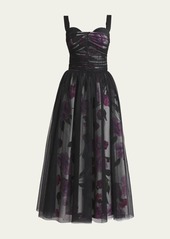 Erdem Floral Sleeveless Midi Dress with Tulle Overlay