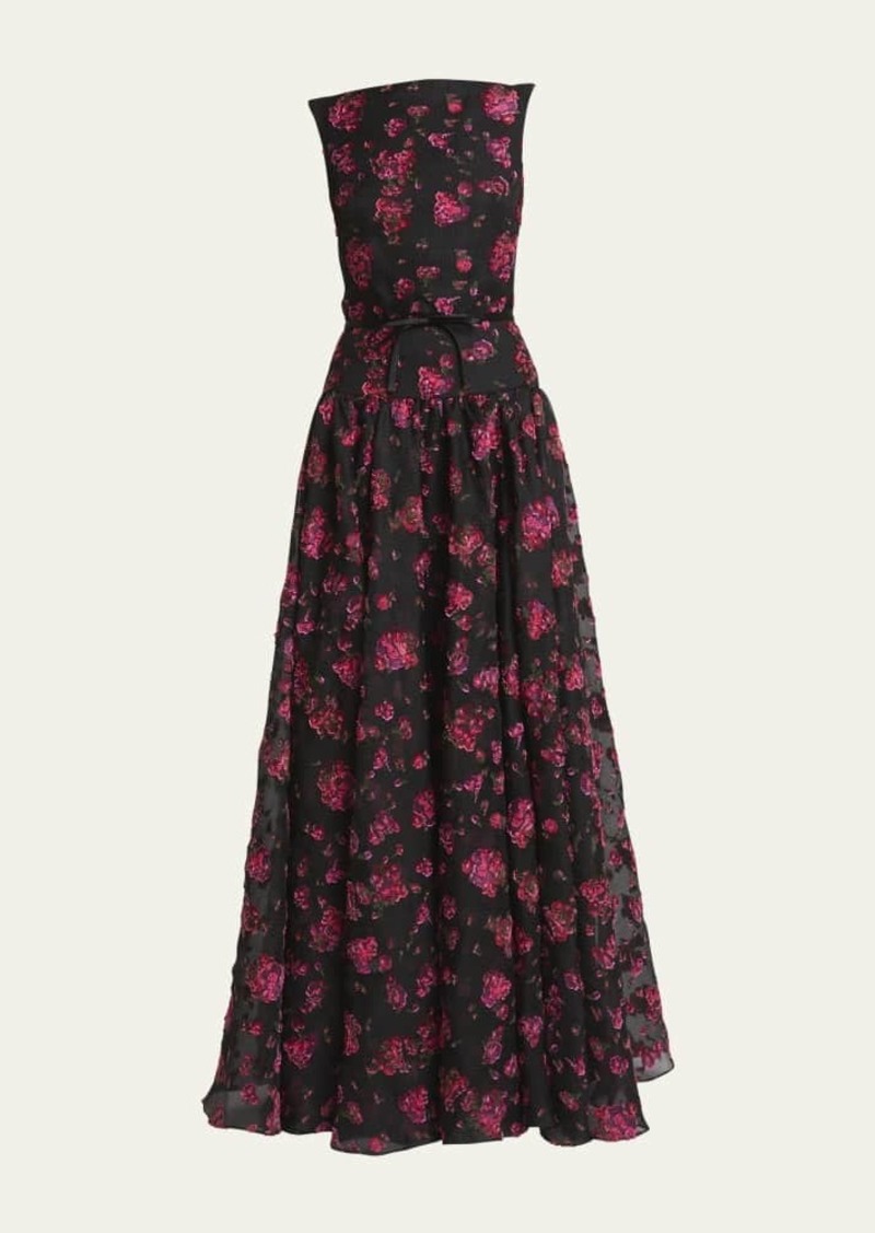 Erdem Floral Textured Gown with Gathered Skirt