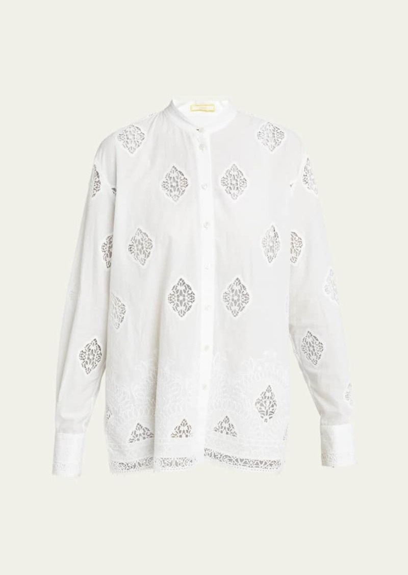 Erdem Lace-Embroidered Long-Sleeve Open-Back Shirt