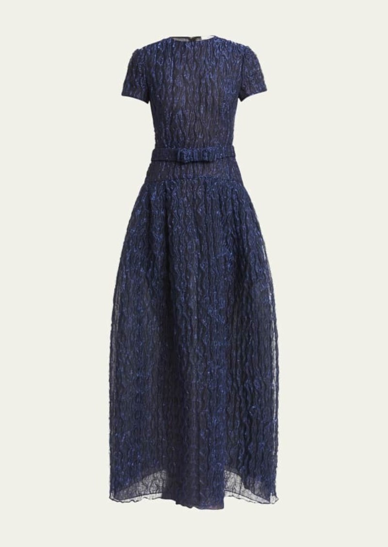 Erdem Metallic Crinkle Bow Belted Gown