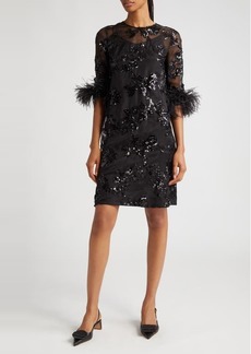 Erdem Sequin Embroidered Feather Trim Cocktail Dress