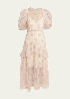 Erdem Sheer Peplum Midi Dress with Floral Embroidery