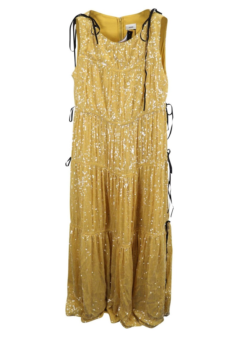 Erdem Tie-Detailed Tiered Sequined Crepe de Chine Gown in Yellow Viscose