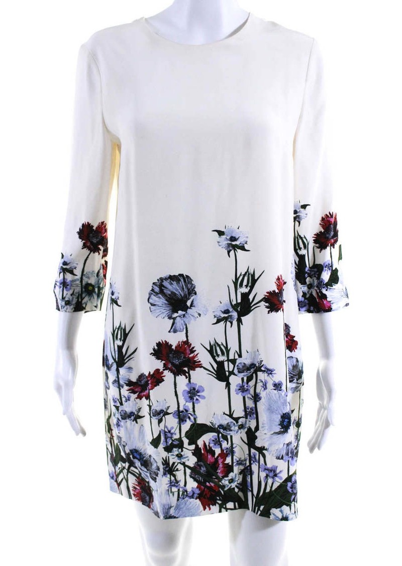 Erdem Womens Ivory Floral Print Crew Neck 3/4 Sleeve A-Line Dress