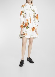 Erdem Floral-Print Pleated-Back Long-Sleeve Mini Shirtdress