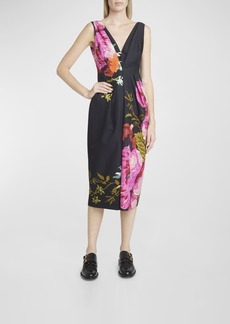 Erdem Floral-Print Pleated V-Neck Sleeveless Midi Dress