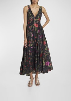 Erdem Plunging Pleated Floral Jacquard Sleeveless Tea-Length Dress