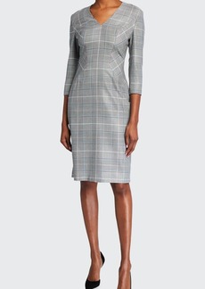 Escada Mixed-Check Wool-Silk 3/4-Sleeve Dress