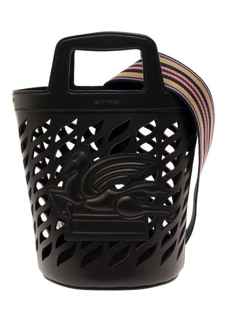 Etro Black Bucket Bag with Multicolor Shoulder Strap and Pegasus Detail in Perforated Leather Woman