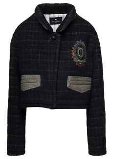 Etro Black Cropped Jacket with Embroidery and Check Motif in Wool Blend Woman