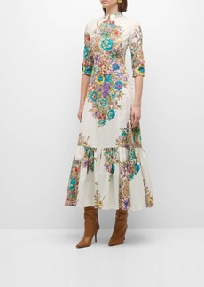 Etro Bouquet Floral-Print 3/4-Sleeve Cotton Maxi Dress