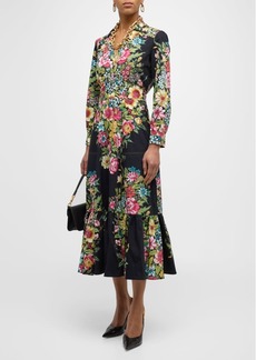 Etro Bouquet Floral V-Neck Long-Sleeve Cotton Midi Shirtdress