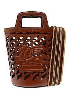 Etro Brown Bucket Bag with Multicolor Shoulder Strap and Pegasus Detail in Perforated Leather Woman