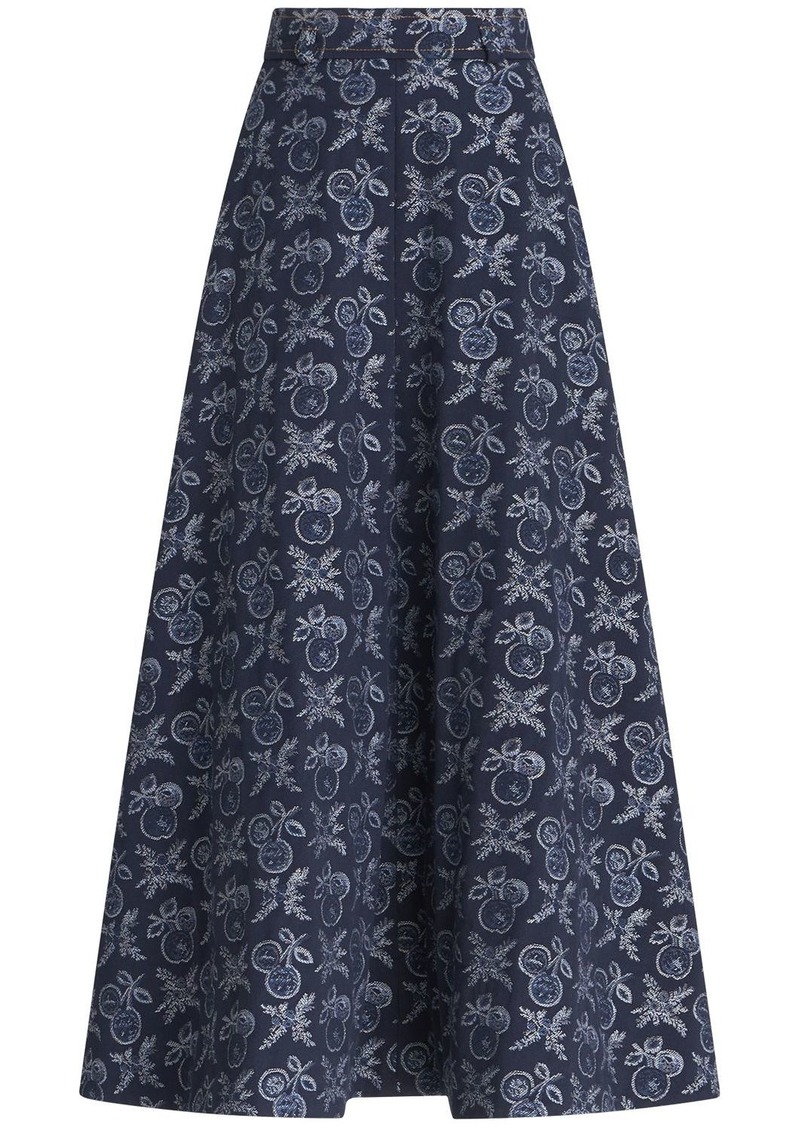 Etro Embroidered Denim Midi Skirt
