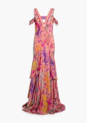 Etro - Cold-shoulder cutout ruffled silk-georgette maxi dress - Pink - IT 44
