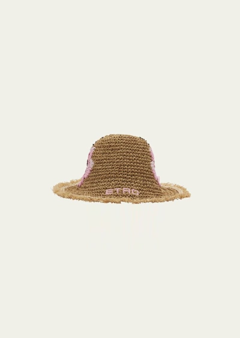 Etro Floral Embroidered Logo Paper Straw Bucket Hat