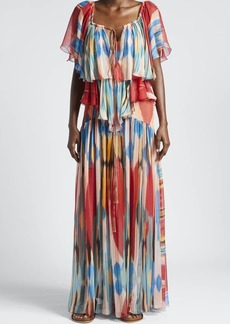 Etro Ikat Abstract-Print Ruffle Silk Chiffon Gown