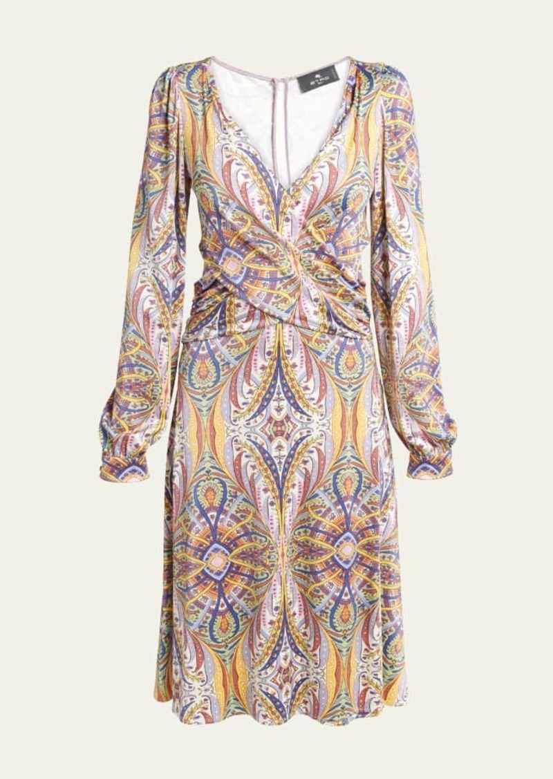 Etro Kaleidoscope Long-Sleeve Draped Jersey Midi Dress