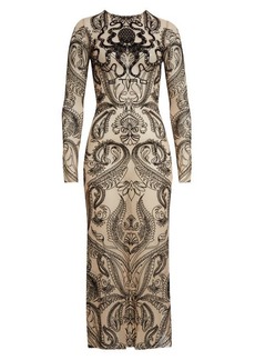 Etro Long Sleeve Flocked Tulle Midi Dress