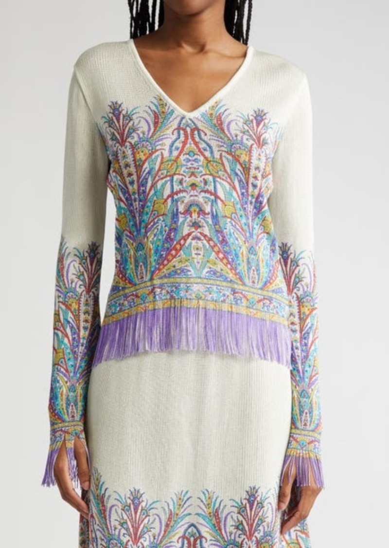Etro Paisley Print Fringed Long Sleeve Sweater