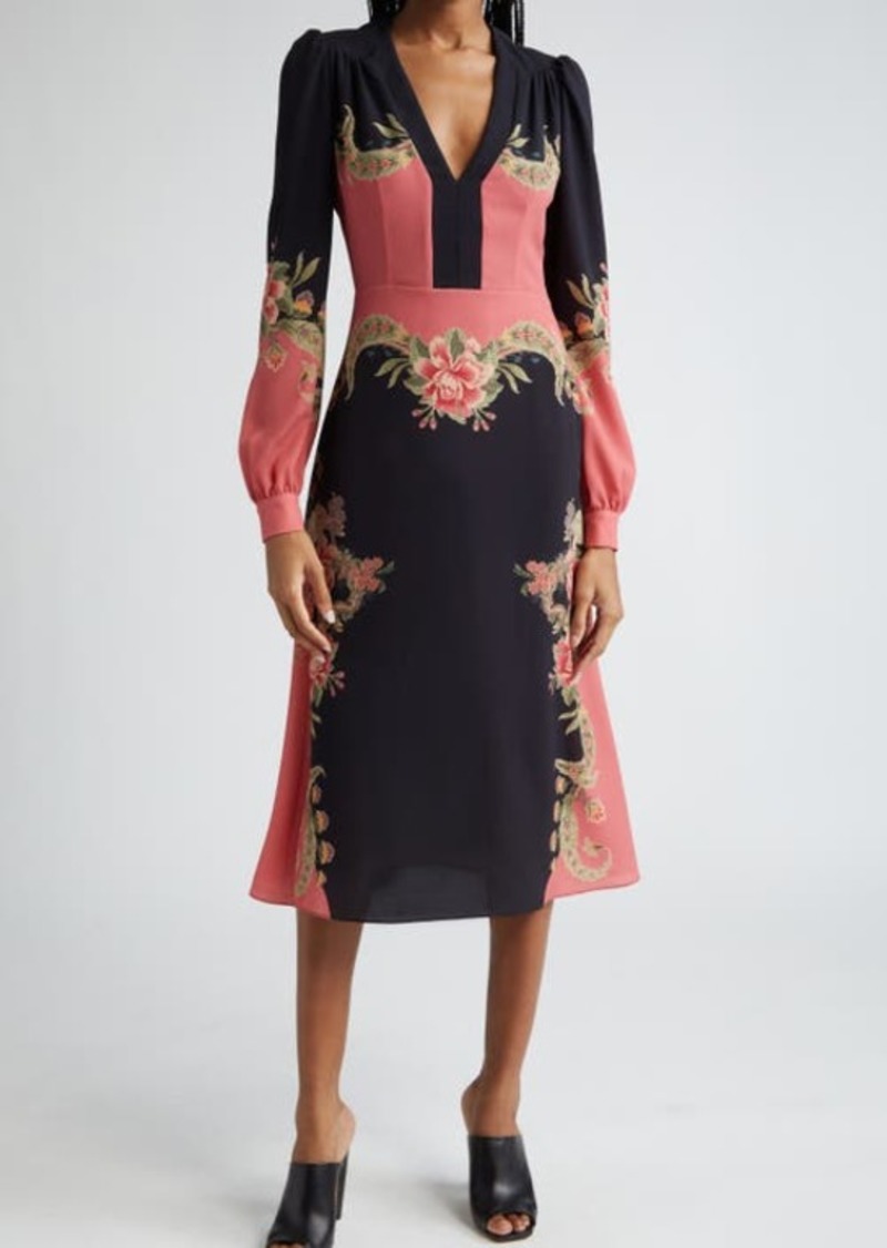 Etro Placed Print Long Sleeve Stretch Crepe Dress