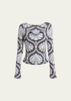 Etro Printed Jersey Open-Neck Knit Top