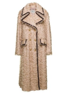 Etro Long Beige Double-Breasted Coat with Cord Edging and Branded Buttons in Faux-Shearling Woman