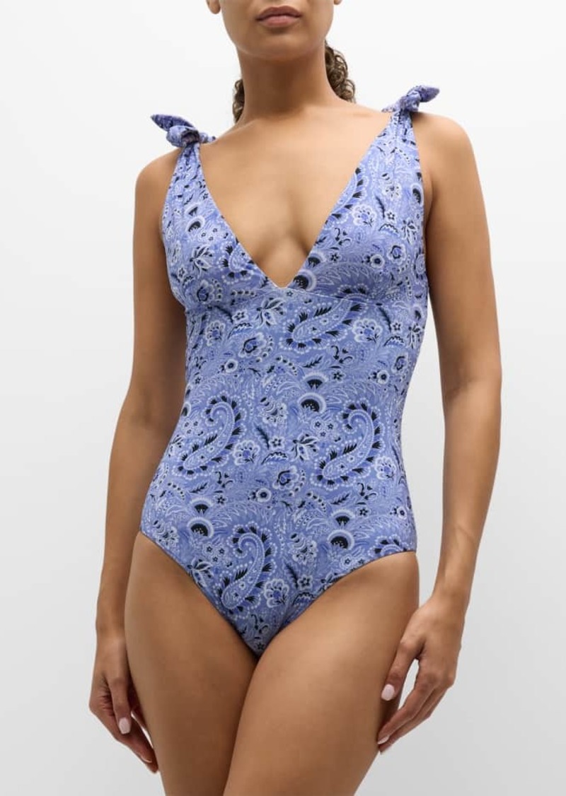 Etro Paisley-Printed V-Neck One-Piece Swimsuit 