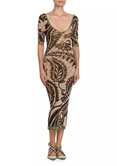 Etro Printed V-Neck Body-Con Midi-Dress