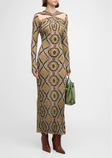 Etro Twisted Cutout Medallion-Print Long-Sleeve Rib Knit Maxi Dress