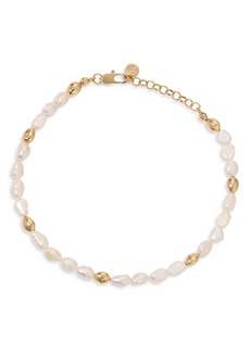 Ettika Pave & Cultured Freshwater Pearl Polished Pebble Beaded Ankle Bracelet in 18K Gold Plated