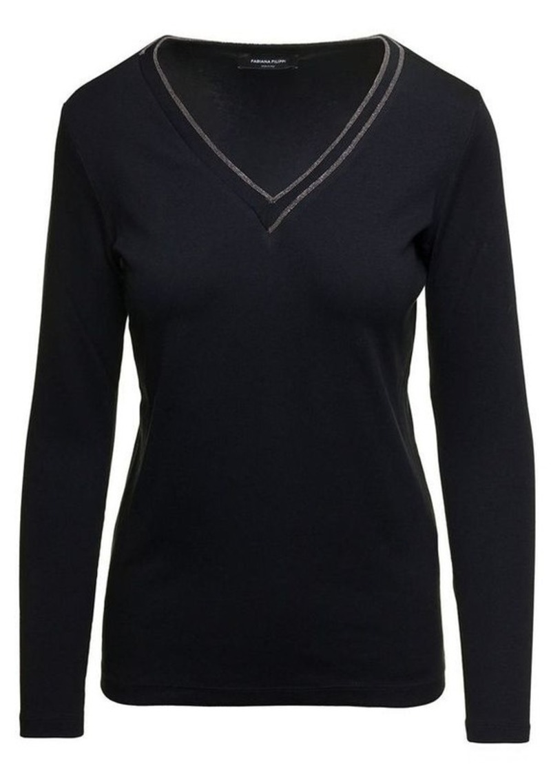 Fabiana Filippi Black V Neck Long Sleeve Pullover with Rhinestone Detail in Stretch Cotton Woman