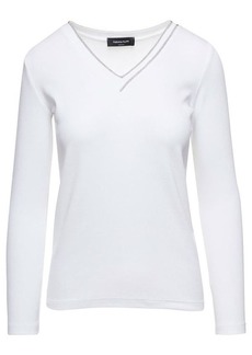 Fabiana Filippi White V Neck Long Sleeve Pullover with Rhinestone Detail in Stretch Cotton Woman