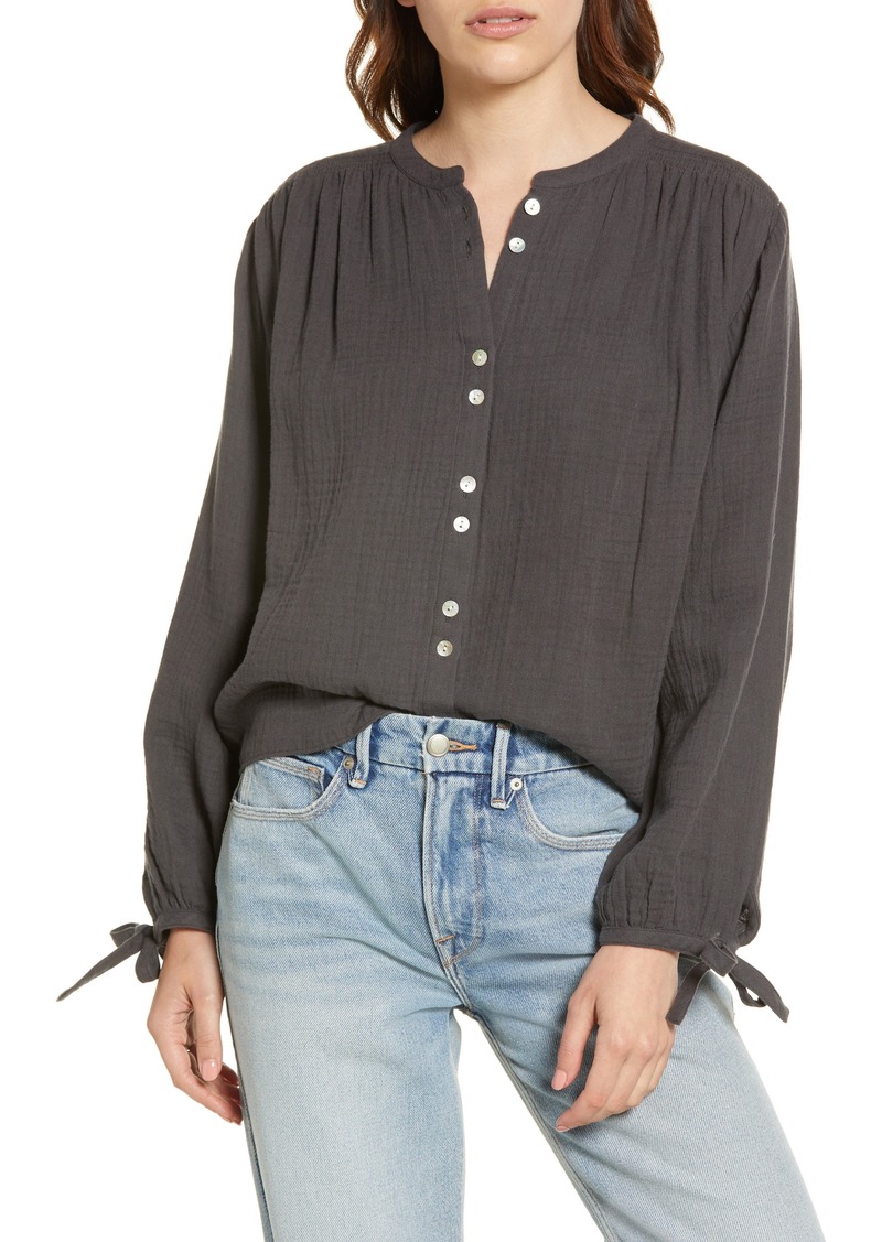 Faherty Everleigh Organic Cotton Gauze Button Front Blouse in Washed Black at Nordstrom Rack